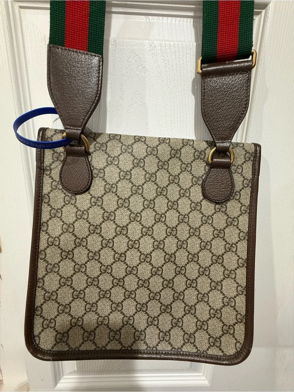 Gucci Beige GG Canvas Messenger with Brown Trim and Green-Red Strap